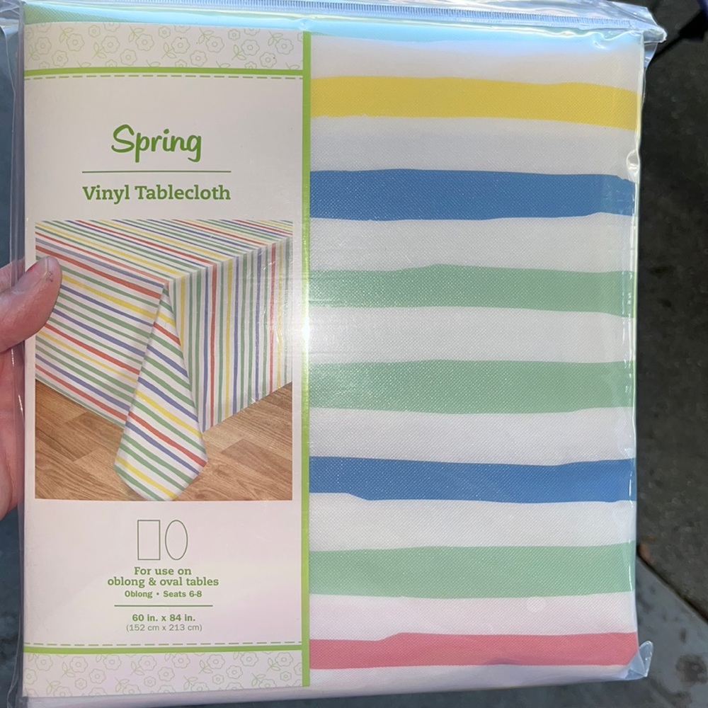 Spring Faiza Stripe Vinyl Tablecloth Green White Pink Blue Yellow 60” x 84”